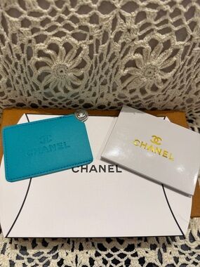 CHANEL Turquoise Leather Mirror Holder with Embossed Logo
